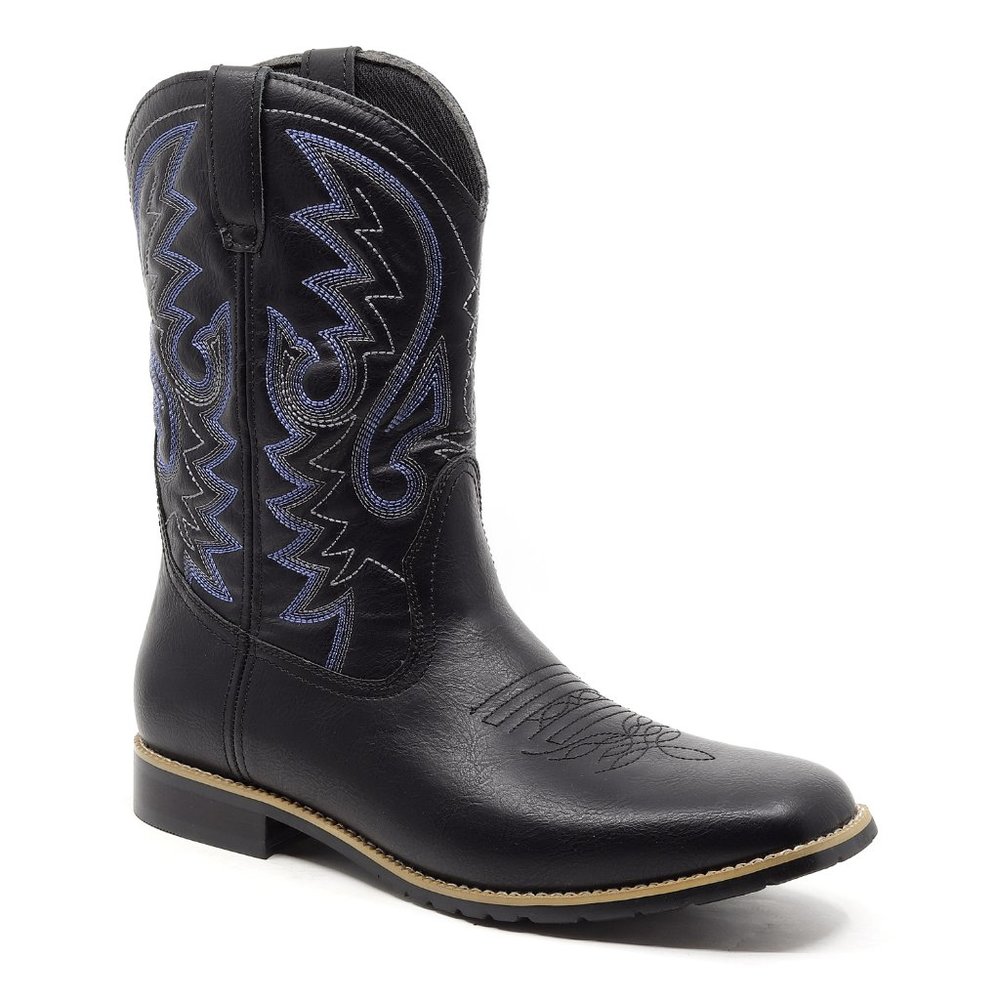 Black Men's Cowboy Western Embroidered Square Toe Chunky Heel Boots